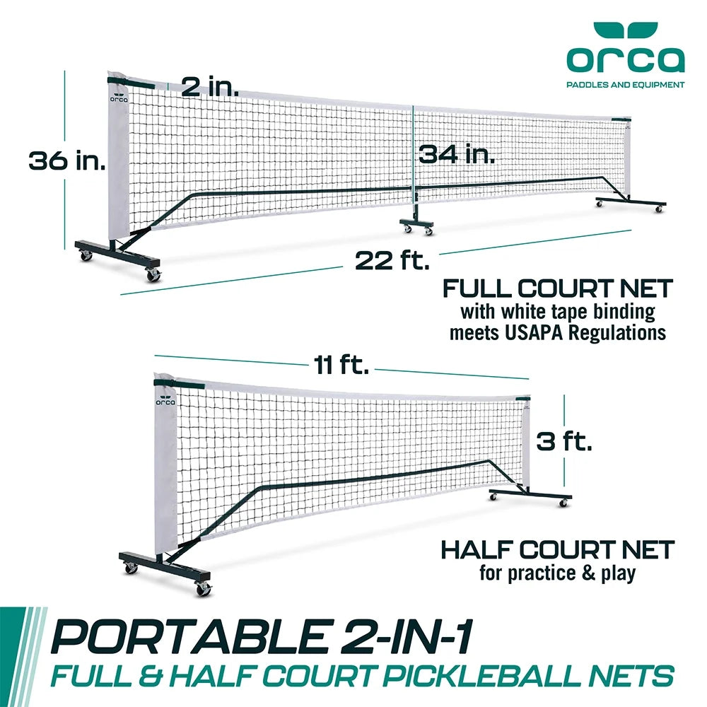 2-In-1 Pickleball Net 22 Ft Full Court and 11 Ft Half Court Net Set with Locking Wheels by