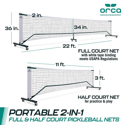 2-In-1 Pickleball Net 22 Ft Full Court and 11 Ft Half Court Net Set with Locking Wheels by